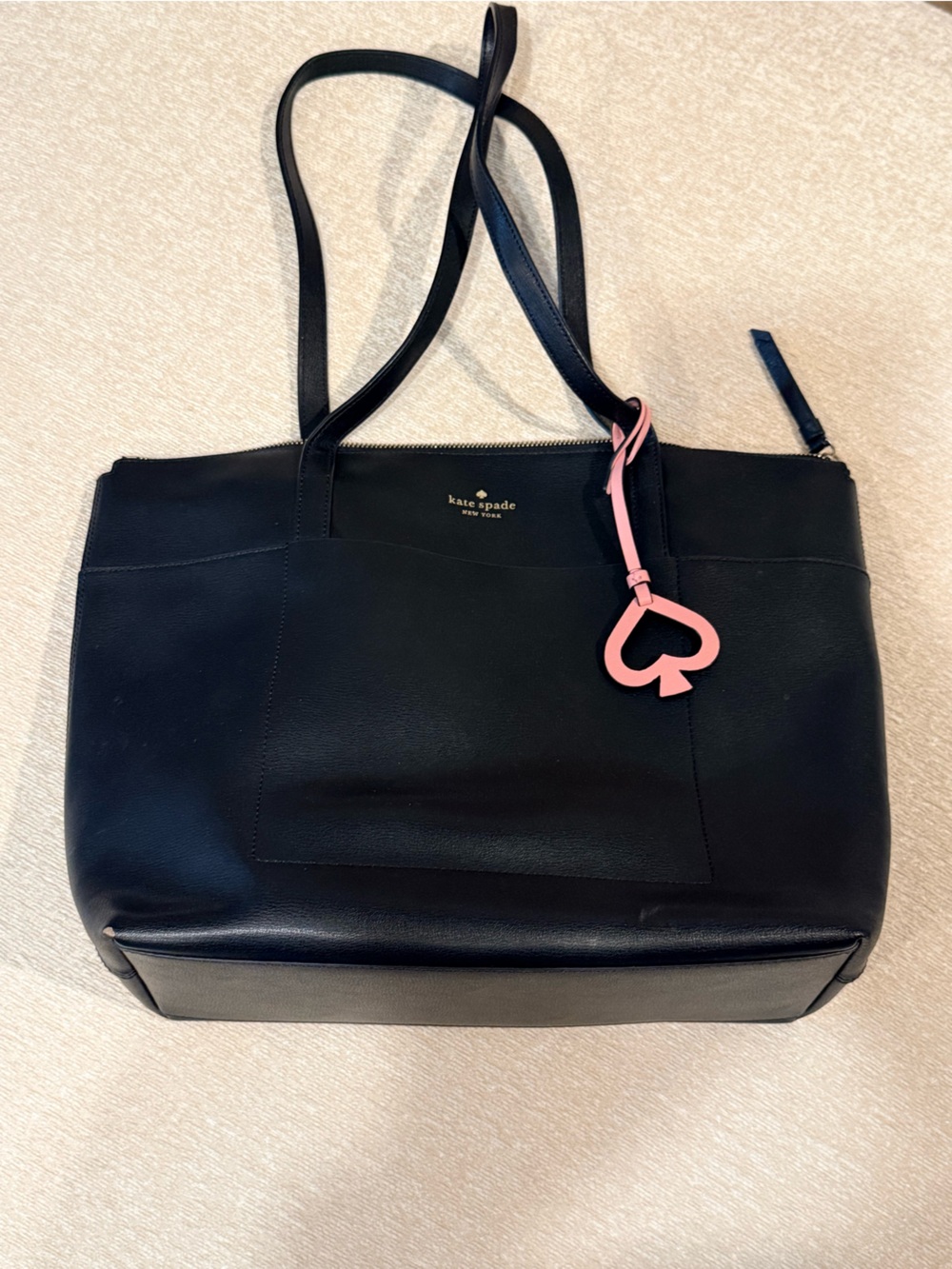 kate spade Black Leather Tote with Pink Heart Charm